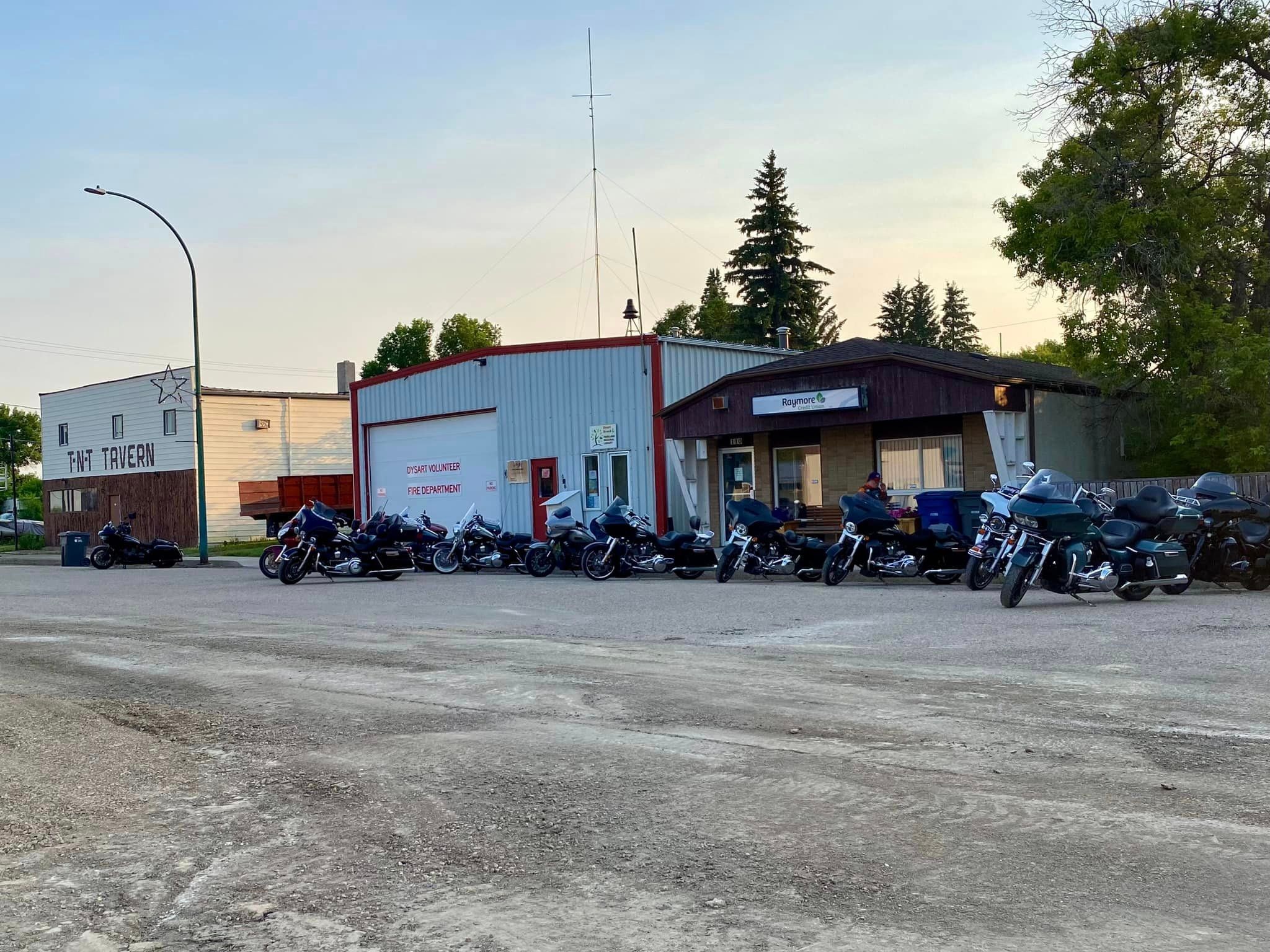 Bikes parked outside the Dysart Volunteer Fire Department and TNT Tavern