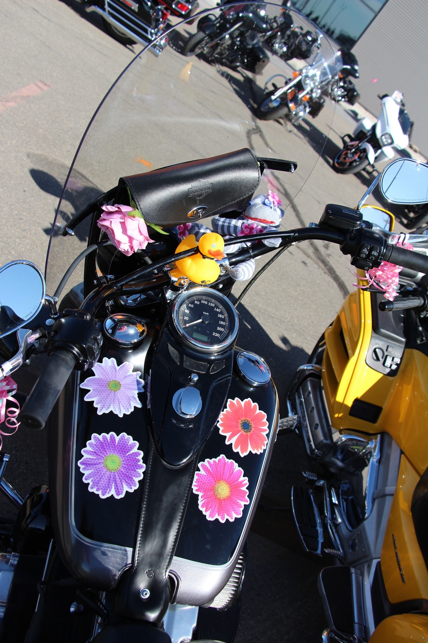 Harley-Davidson decorated with flower stickers and a rubber duck for the 2024 Breast Cancer Awareness Ride